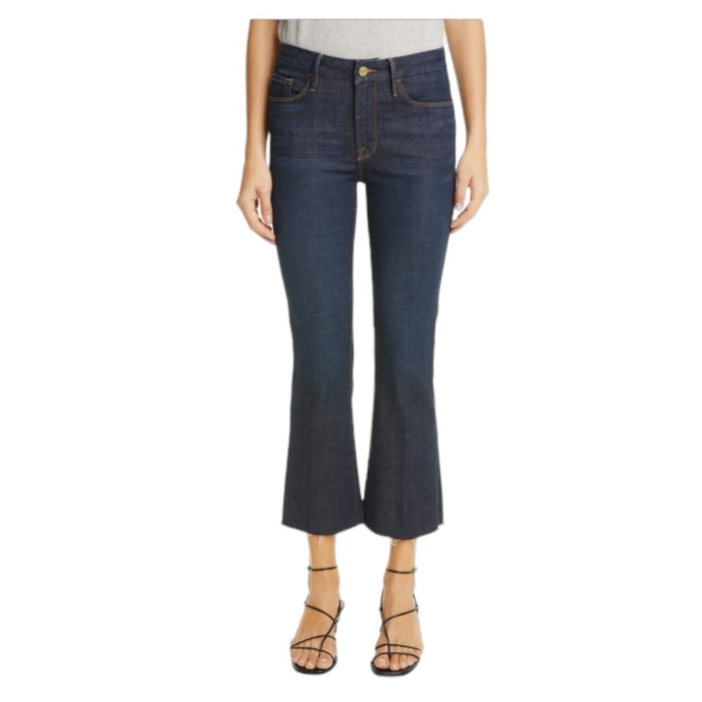 FRAME Denim Le Crop Mini Boot High Waist Raw Hem Jeans Saltair Wash (Dark Blue)
